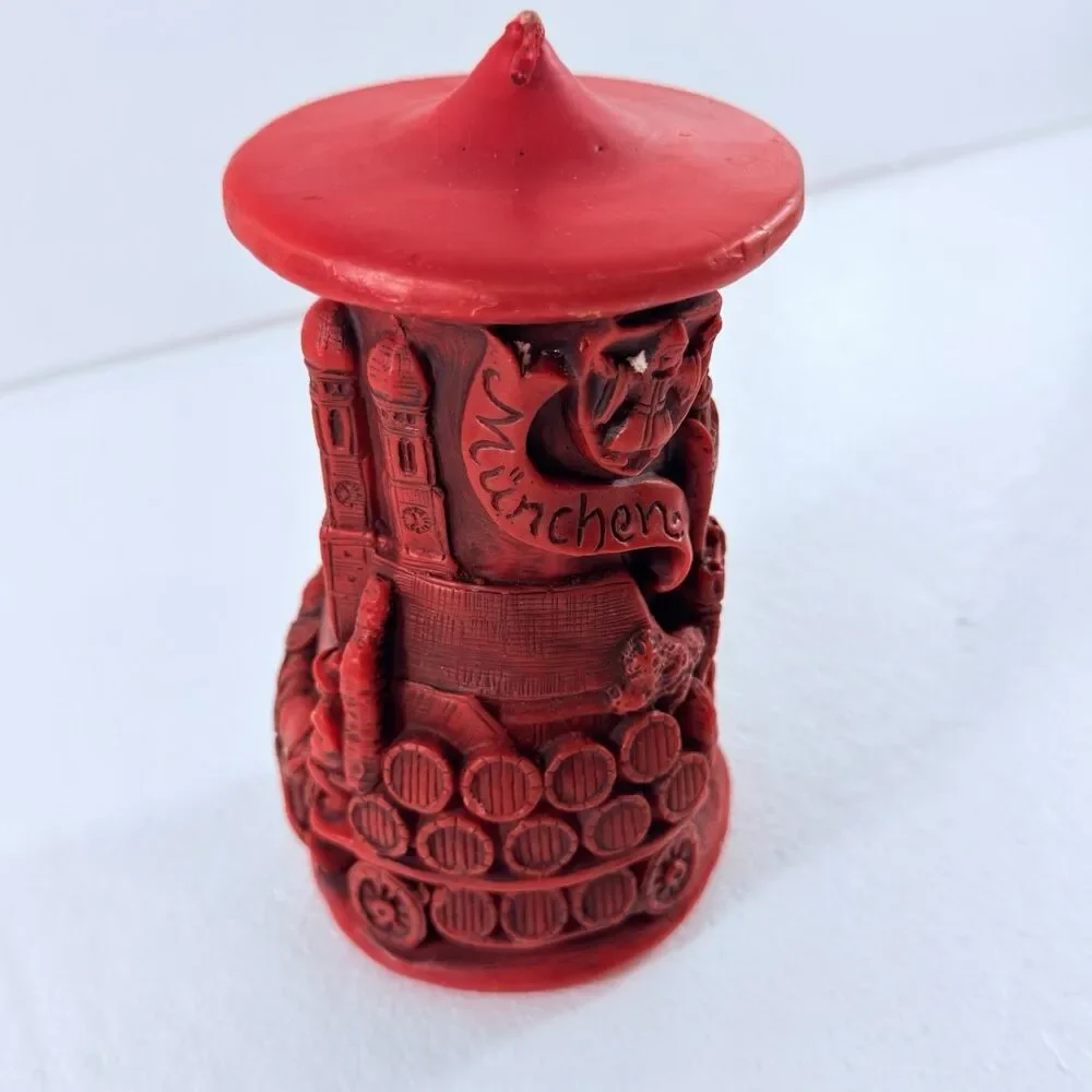 Vintage Munich Germany Relief Carved Pillar Candle Red Architectural NEW Unlit